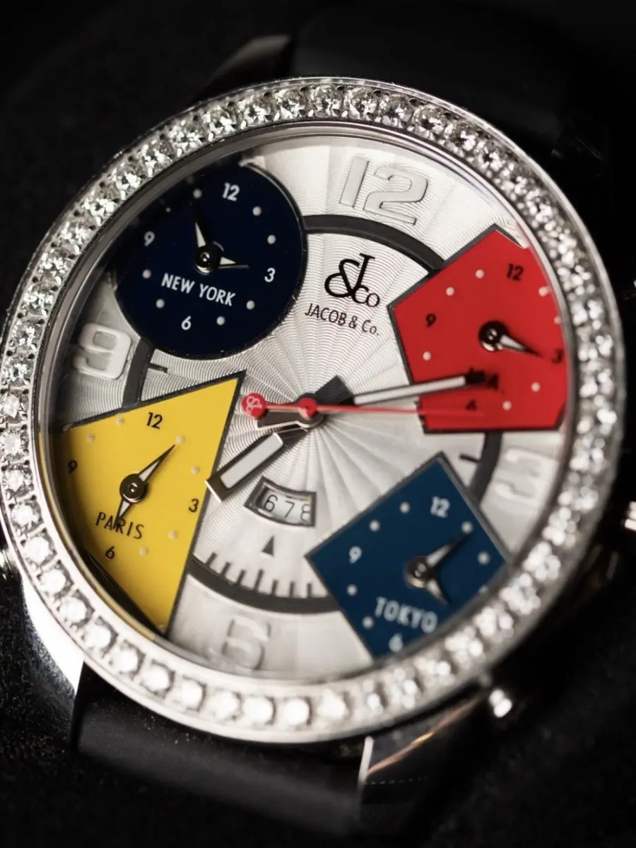 Jacob & Co. Five Time Zone Diamond Accent Men's Wristwatch Black Leather