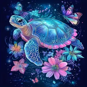 1PC, [Magical Turtle and Flowers], 5D diamond painting, Diamond Pattern Design, frameless, includes toolkit. Fully synthetic round diamond painting, diamond art embroidery kit, suitable for home decor, handmade casual stress-relief gift, Handmade Gifts