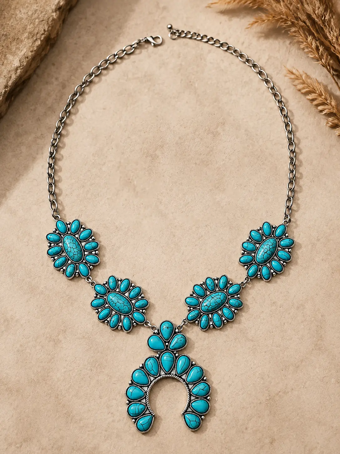 UA#10 Vintage Turquoise Squash Blossom Necklace with Horseshoe Pendant for Boho & Western Outfits, Perfect Gift for Women Casual Trendy Jewelry, Brass Alloy, Long, Retro, Decorative Necklace, Western Accessories, Female, Vibrant, Boho Hippie Necklaces