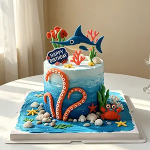 Underwater World Cake Decorations, Shark Octopus Crab Seaweed Birthday Cake Inserts, Baby First Birthday Cake Decoration