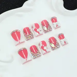 10 square handmade nail tips, 3D stereoscopic, colored diamonds, sparkly rhinestones, carved patterns, diamond inlay, bow tie, white, hand drawn design, nail art patches, suitable for women's nail stickers, date, daily wear shiny nails, Tool Kit Included