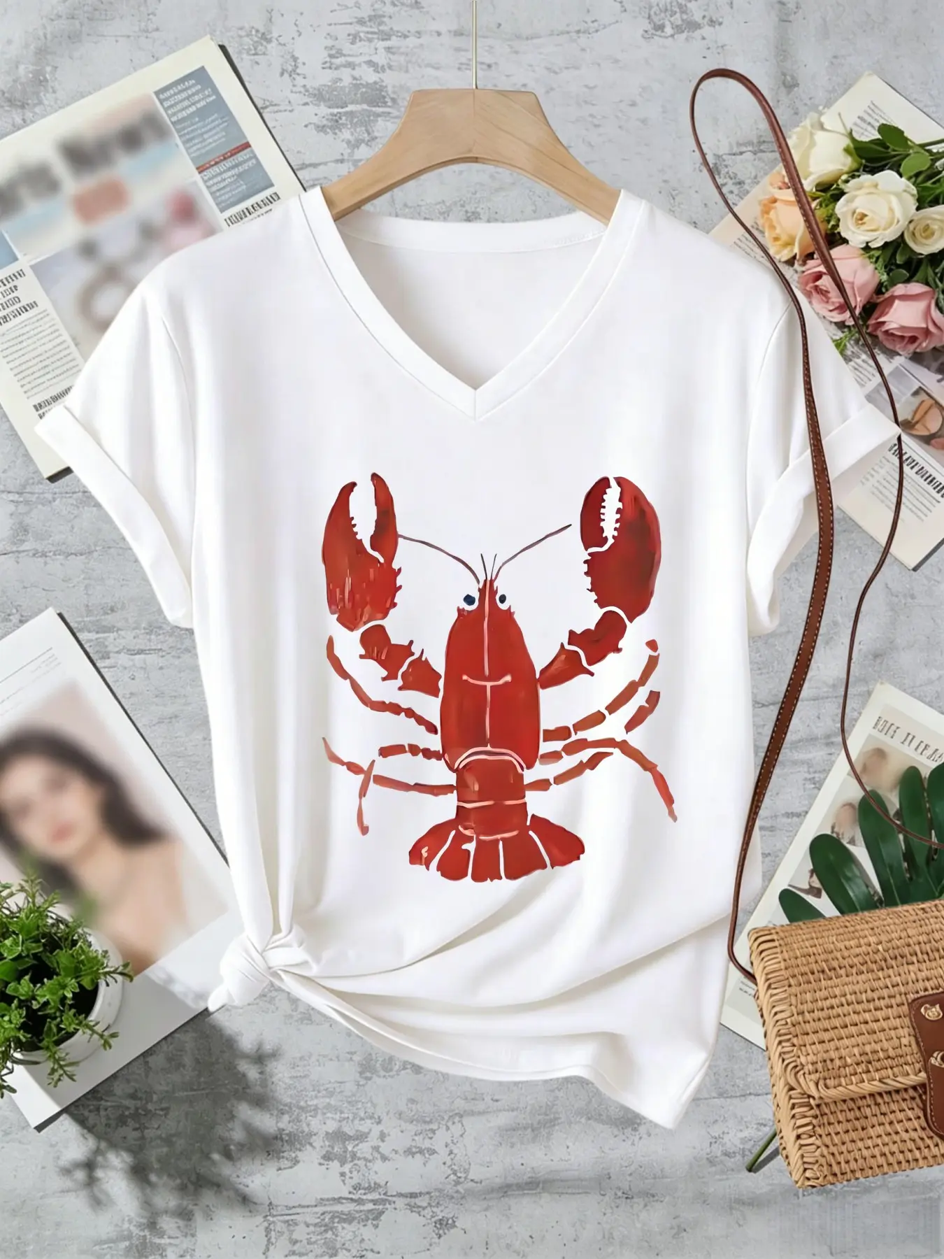 Women's V Neck Short Sleeve T-Shirt, Lobster Animal Print, Casual Streetwear, Simple Style, Spring Summer Top, Women's Clothing