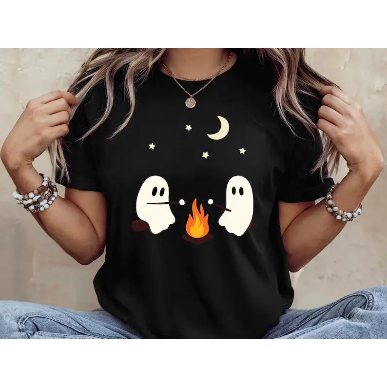 Ghost Camping Shirt – Funny Spooky Campfire Shirt – Halloween Ghost Marshmallow Shirt – Cozy Fall Skeleton Bonfire Shirt