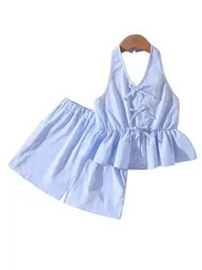 Girls 2 Piece Set with Striped Halter Neck and Bow Decoration, Sleeveless Top with Lace Hem, Elastic Waist Striped Shorts for Cute Style Striped Sets Summer clothing set Summer Clothes Set