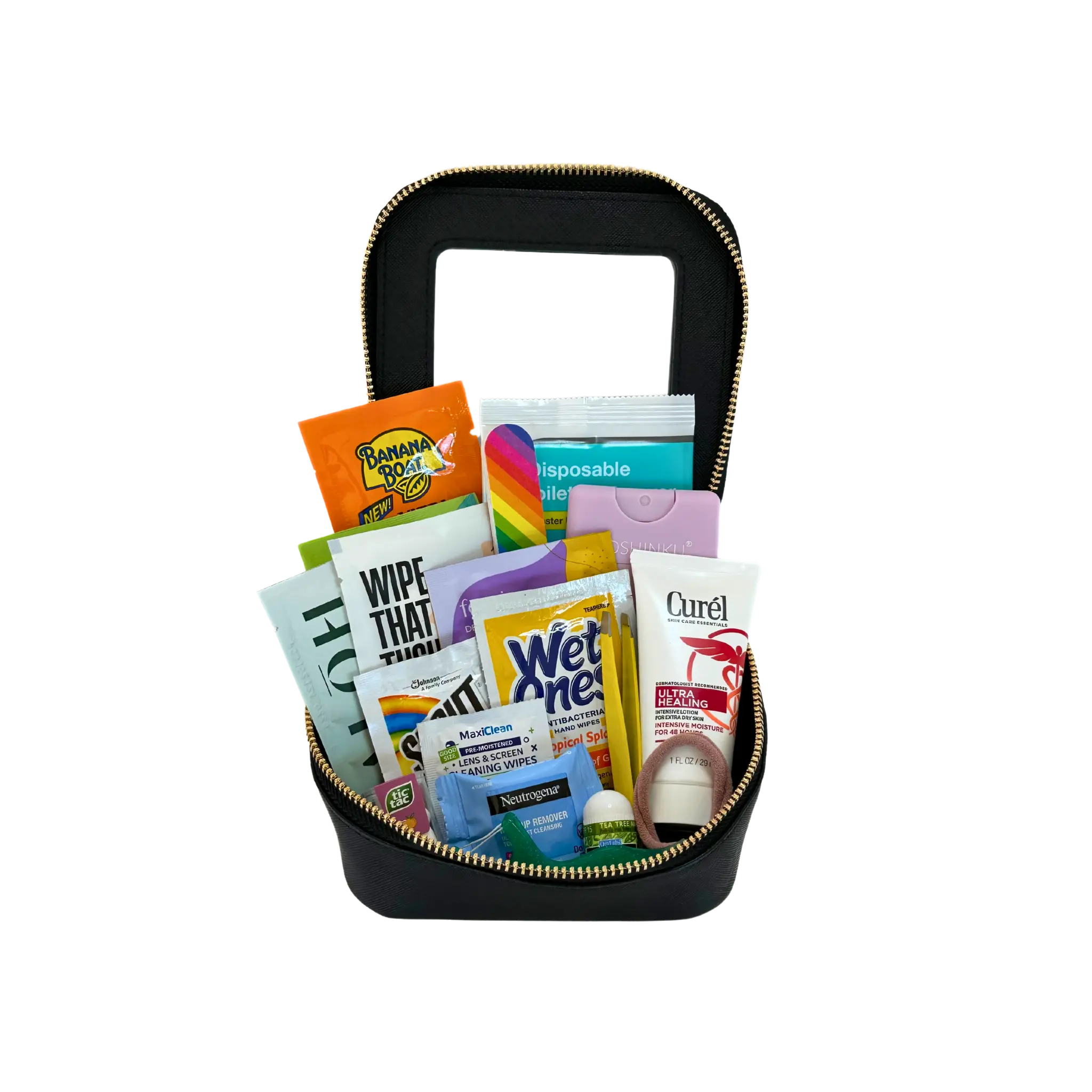 Girl on the Go Basics Kit - Perfect for your car or bag - Our compact size contains individual deo, tush, and hand wipes, wet ones, hand sanitizer, tweezers, lotion, flossers, hair ties, and more! body skin care product