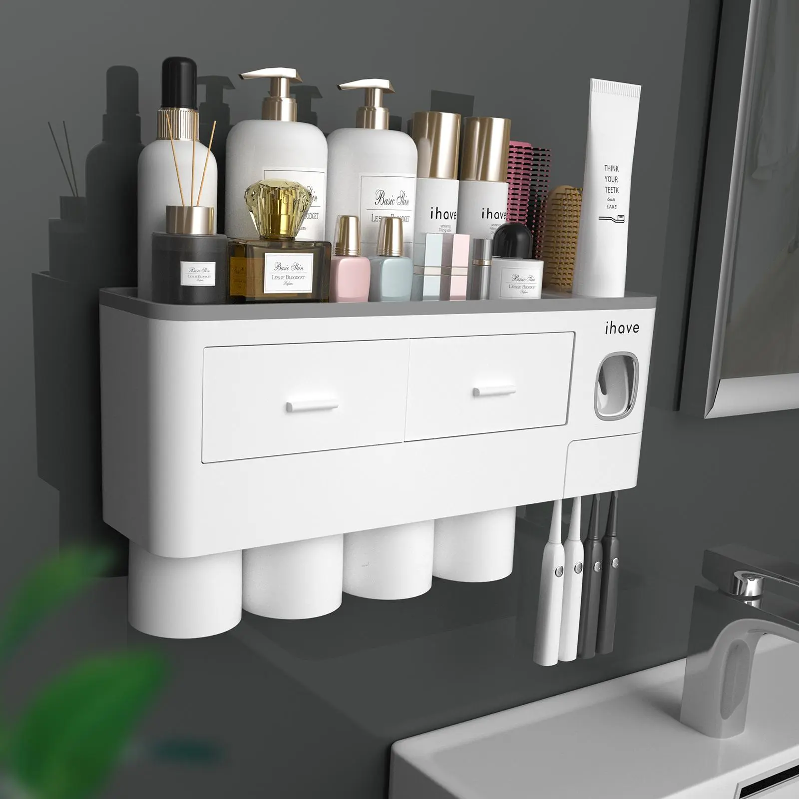 iHave. Toothbrush Holders for Bathrooms, Magnetic Cups Toothbrush Holder Wall Mounted with Toothpaste Dispenser - Large Capacity Tray, 2 Cosmetic Drawer - Bathroom Organizer & Storage, Bathroom Accessories & Organizing, Bathroom Set Home Goods