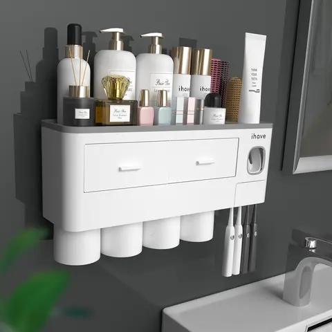 iHave Modern Waterproof Dustproof Toothbrush Holder Wall Mounted - Patented Adhesive, Magnetic Cups, Automatic Toothpaste Dispenser, Large Capacity Tray, 2 Cosmetic Drawers, 2-Layer Bathroom Home Organizer with Removable Washable Parts, Dustproof Toothbru