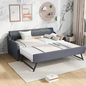 Twin Size Upholstered Daybed with Trundle and USB Charging Design,Trundle can be Flat or Erected, with Wood Slats, Sofa Bed Frame for Living Room Bedroom
