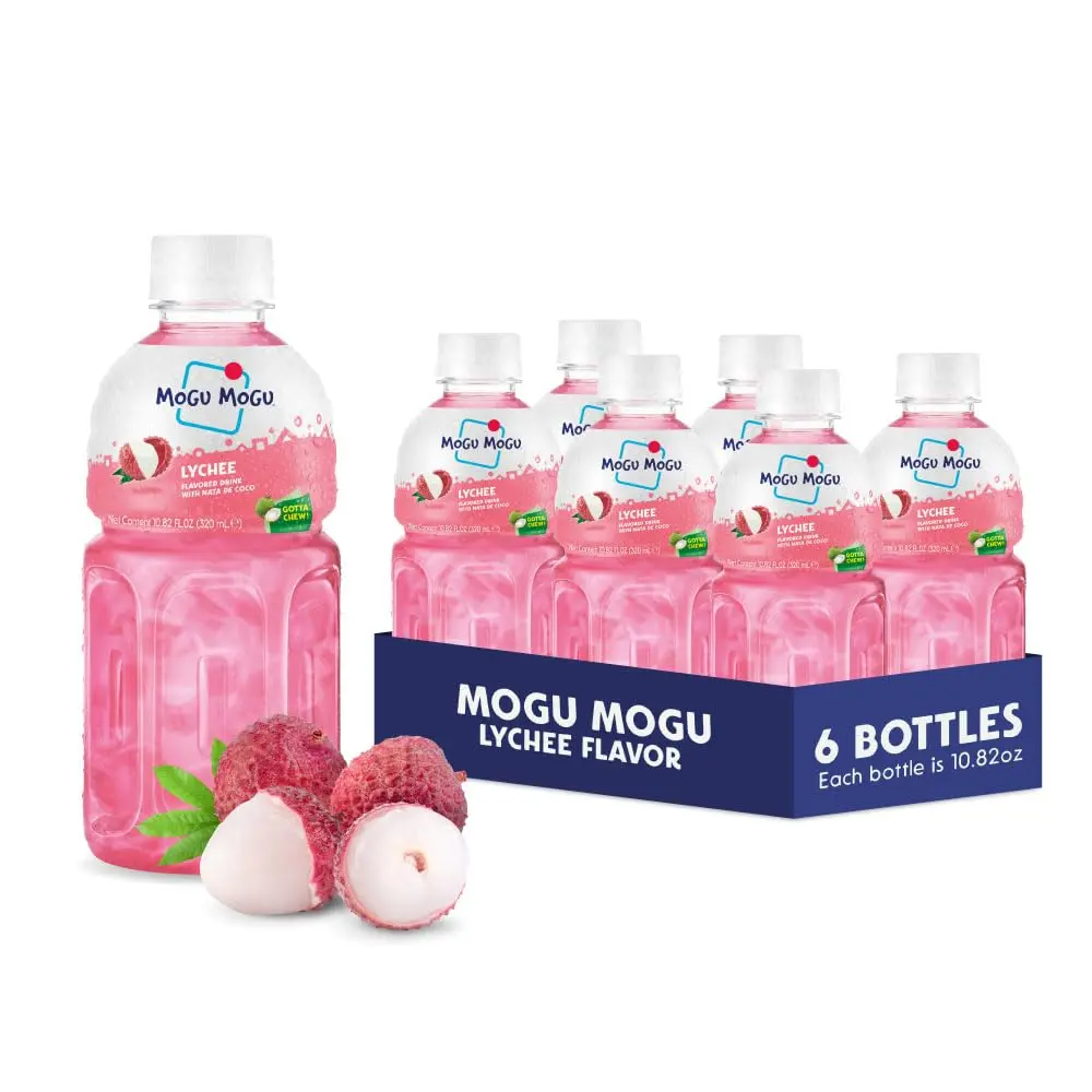 Lychee Juice Drink with Nata de Coco (Coconut Jelly) – Chewy Fruit Beverage for Kids & Adults, 6 Pack Bottles, 10.82 fl oz Each