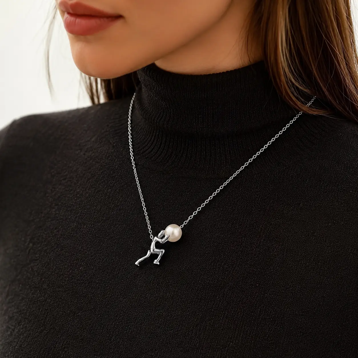 Unisex Silver-Plated Pearl Pendant Necklace with Movable Sisyphus Figurine, 18.14+2.08in Adjustable Chain, Dainty Elegant Trendy All-Match Costume Jewelry Gift for Parties, Birthday Present, Movable Figurine