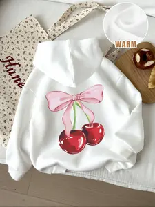 Women's Cherry & Bow Print Hoodie, Casual Long Sleeve Hooded Sweatshirt for Fall & Winter, Women's Clothes for Daily Wear, Cute Sweatshirt