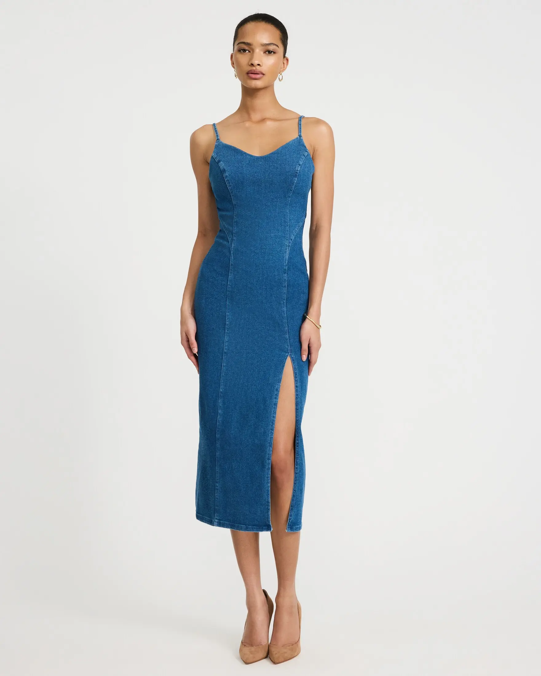 Express Denim V-Neck Side Slit Midi Sheath Dress