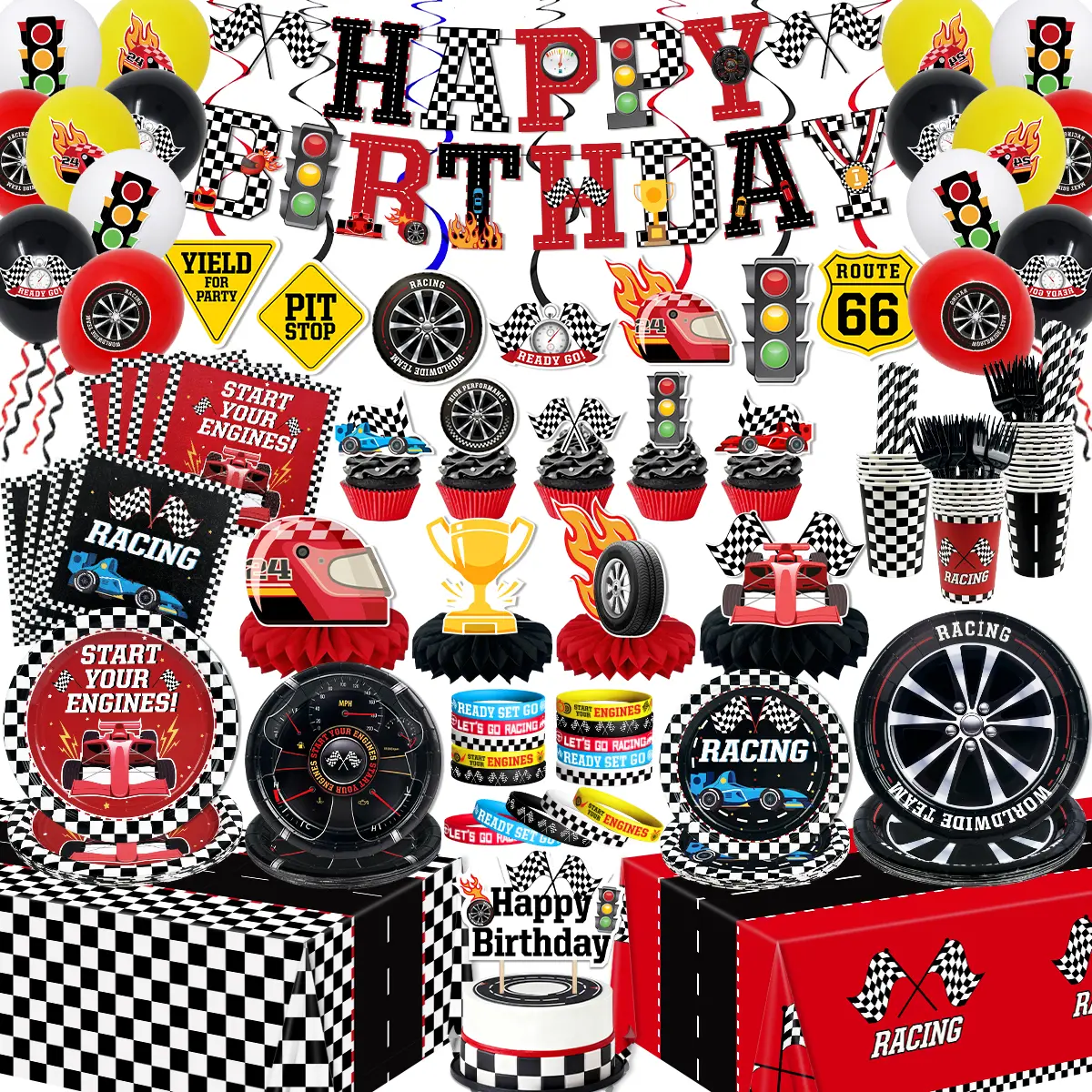 Race Car Birthday Party Kit Disposable Tableware Set - Wheel Tire Plates, Napkins, Checkered Tablecloths, Balloons, Banner, Cake Toppers, Honeycombs Centerpieces for Child, Adult Fans, Baby Shower (Serves 26)