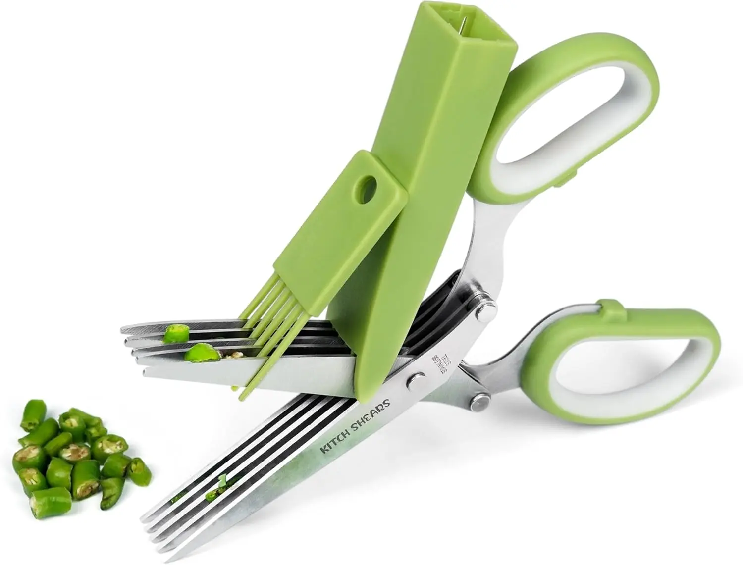 Herb Scissors with 5 Blades and Cover - Premium Quality Stainless-Steel Herb Cutter for Kitchen & Garden Herbs - With safety Cover and Cleaning Comb - Dishwasher Safe & Easy to Clean