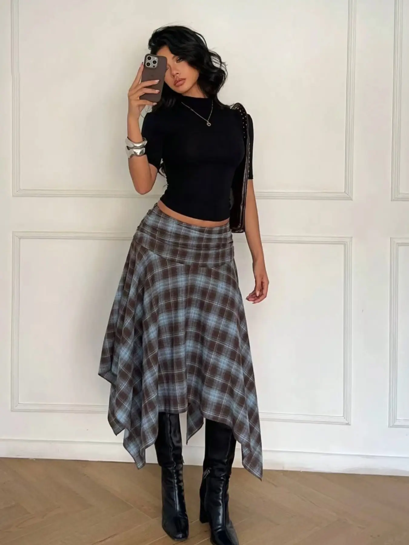 Vintage Plaid Asymmetrical Slimming Fitted Midi Skirt, Versatile Fashionable Half-Length Style for Women, Perfect for Daily Casual Wear & Special Occasions