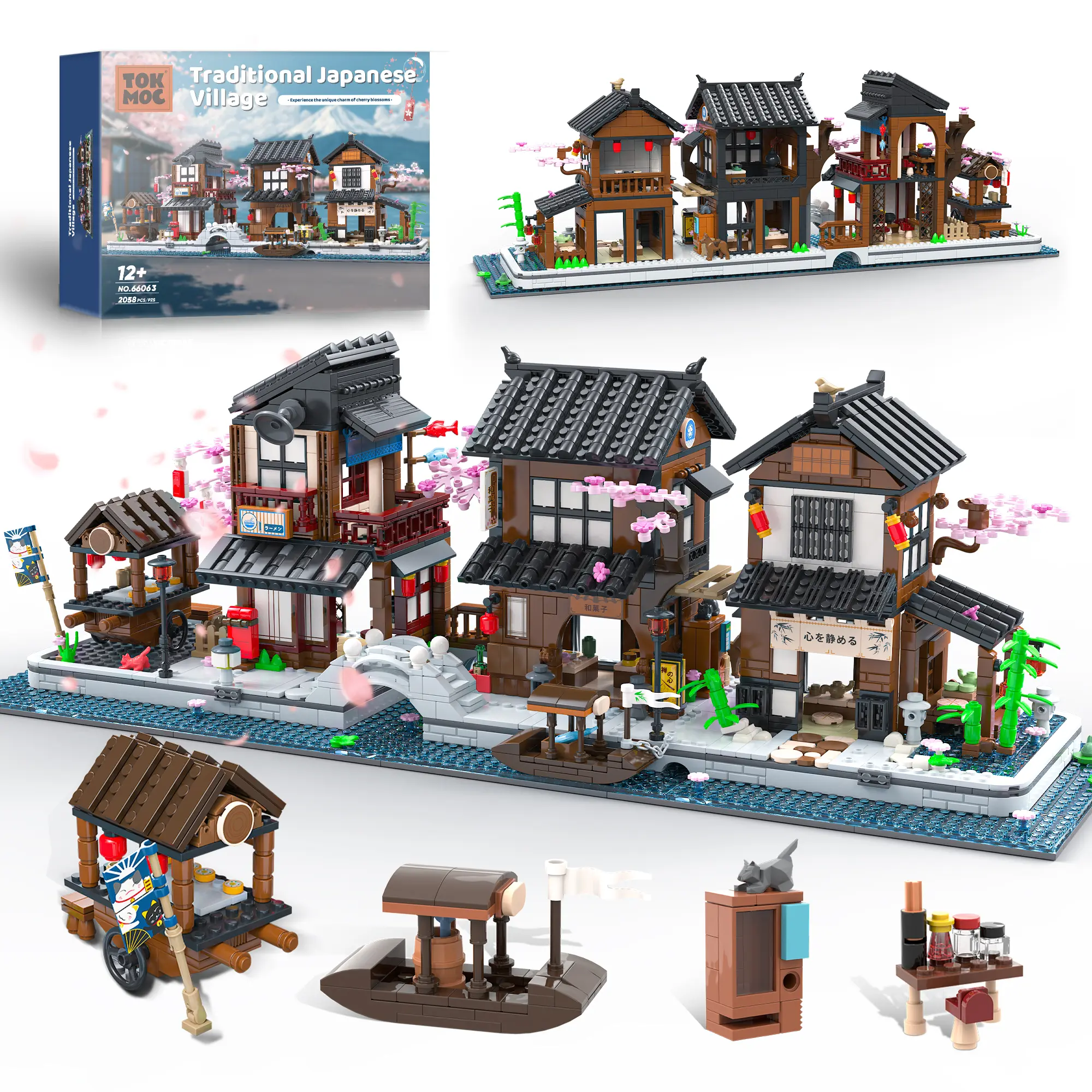 TOKMOC 2058-Piece Immersive Japanese Cherry Blossom Village Brick Set - Building Blocks Kit, Complete DIY Set, Sakura Street Scene Izakaya & Tea House Architecture, Relaxing Time House Decoration Collectibles for Anime Fans Aged 12+