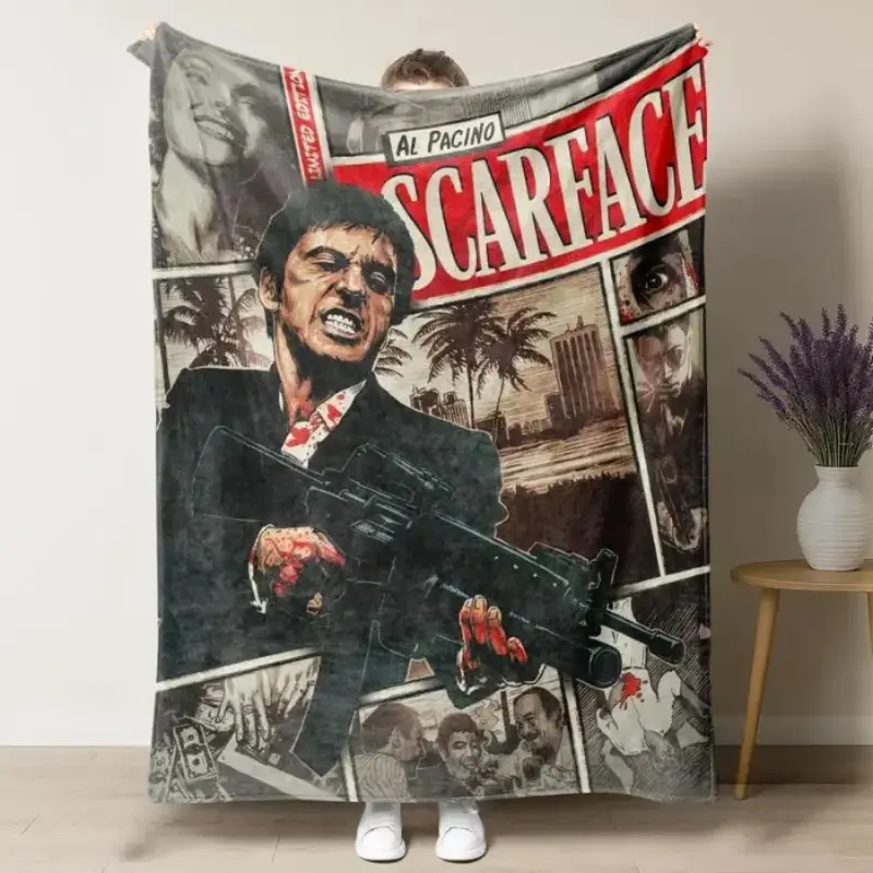 Tony Montana Action Scene Flannel Blanket Aesthetic Room Decor Soft Cozy Movie Theme Throw Blanket for Bedroom Sofa Couch Dorm Men Fans Birthday Christmas Holiday Gift