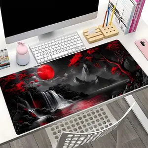 Red Moon & Waterfall Landscape Art XXL Extended Desk Mat, Dark Aesthetic Large Mouse Pad, Non-Slip Lock Edge, Suitable For Home Office Gaming, Good Gift for Friends, Computer Desk Accessories
