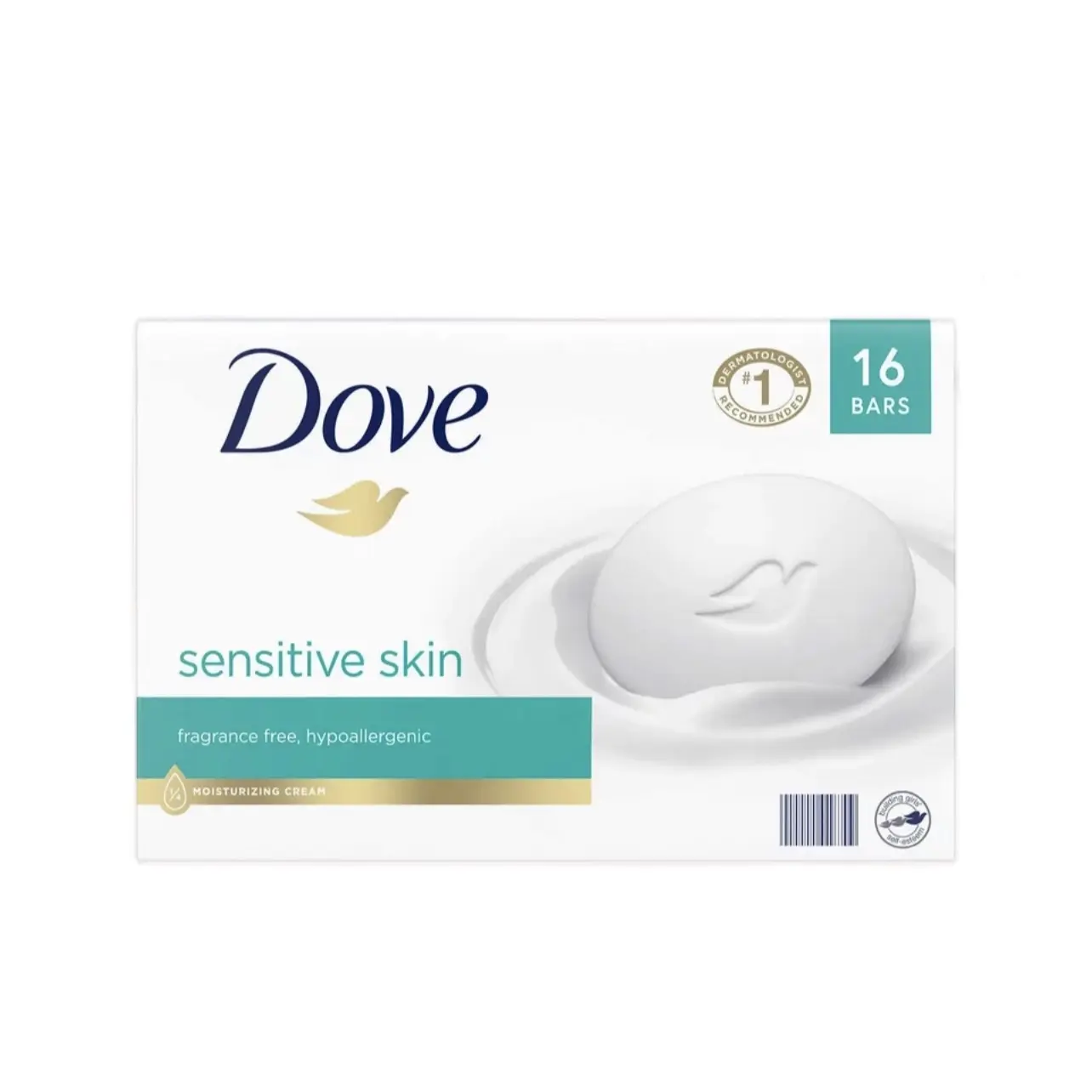 Dove Sensitive Skin Beauty Bar, Hydrating Moisturizer & Gentle Cleanser for Silky Smooth Skin, Fragrance-Free, 3.75 oz (16 Bars), Cream, Luxury, Hypoallergenic, Nourishing