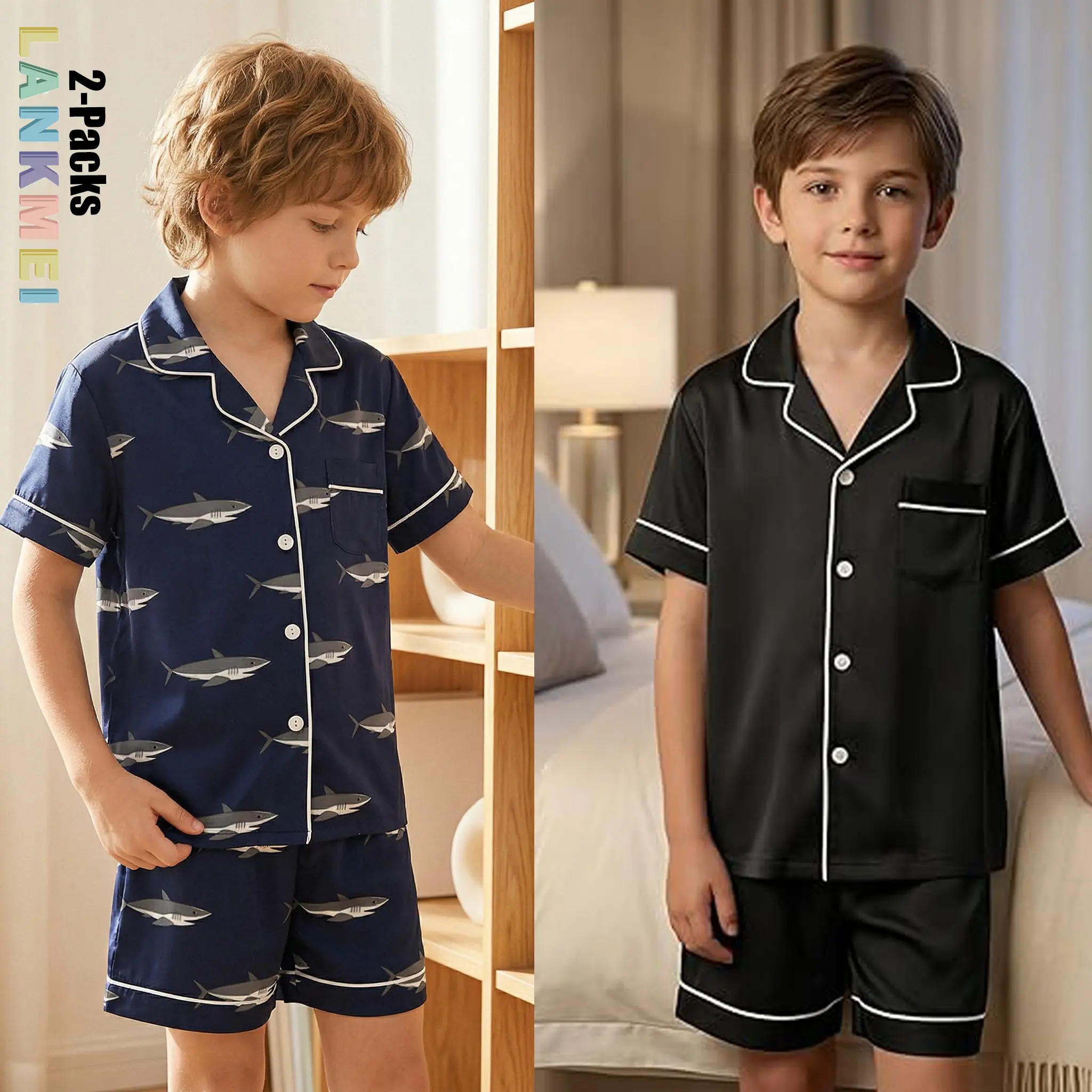 Boys' 2-Pack Classic Button-Down Short-Sleeve Pajama Sets - 5-14 Years, Shark Print & Solid Black, Lightweight Polyester Blend, Fire Resistant, Slight Stretch, Fitted Cut Soft Sleepwear for Bedroom Lounging backtoschool