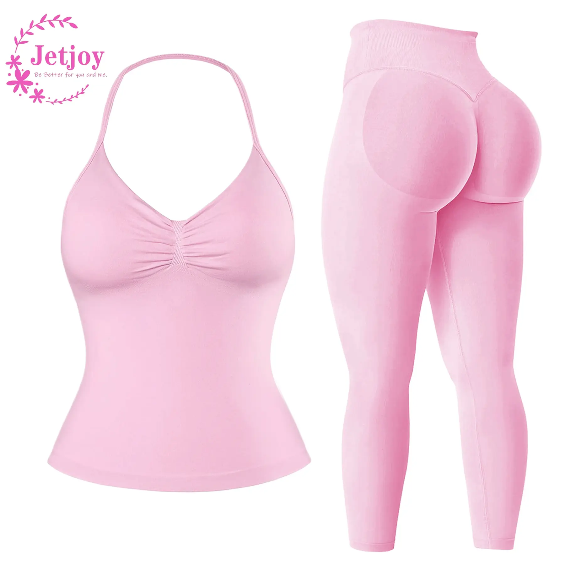 Jetjoy Women's 2-Piece Seamless Workout Set - Halter Neck Sport Bra, Hidden Scrunch Leggings, Casual Workout Loungewear, All-Season Yoga Gym Outfits, Matching 2 Piece Clothes for Women, 2 Piece Sets
