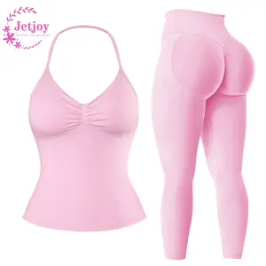 Jetjoy 2 Pieces Workout Sets for Women, Seamless Workout Sets for Women 2 Piece Halter Neck Sport Bra Hidden Scrunch Leggings Yoga Exercise Outfits Gym Clothes SpringStatements