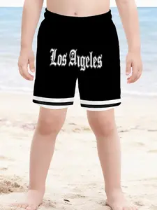 Cool Letter Print Sporty Shorts for Boys, Casual All over Print, Block, Summer Fashion Essential, Drawstring Waist