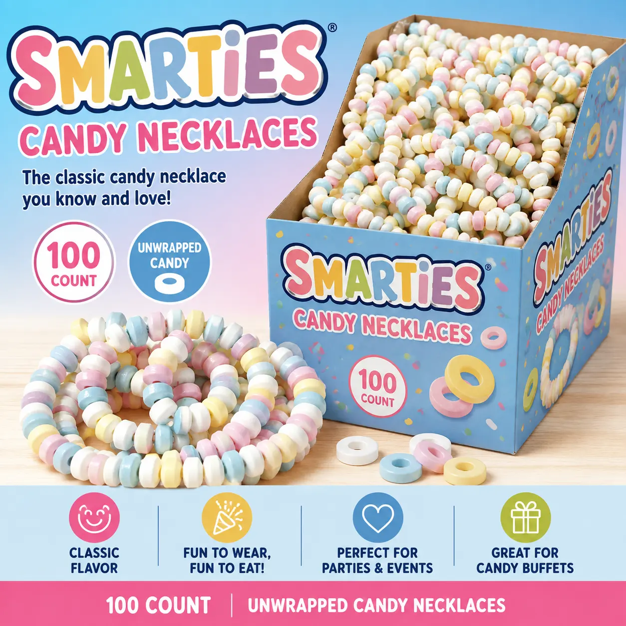 Smarties Unwrapped Candy Necklaces 100 Count Wearable Candy Necklaces Bulk Party Treats
