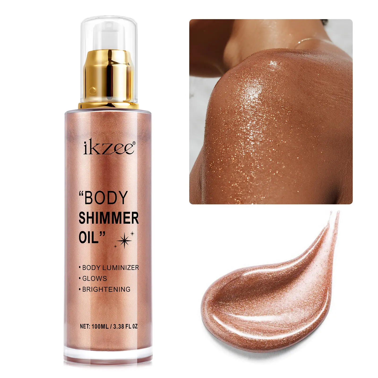 ikzee Body Shimmer Oil 100ml/1 bottle, Body Luminizer, Shimmering Body Makeup, Body Glitter, rose gold color, long-lasting makeup effect, suitable for parties, concerts and other occasions, daily body makeup shimmer oil.