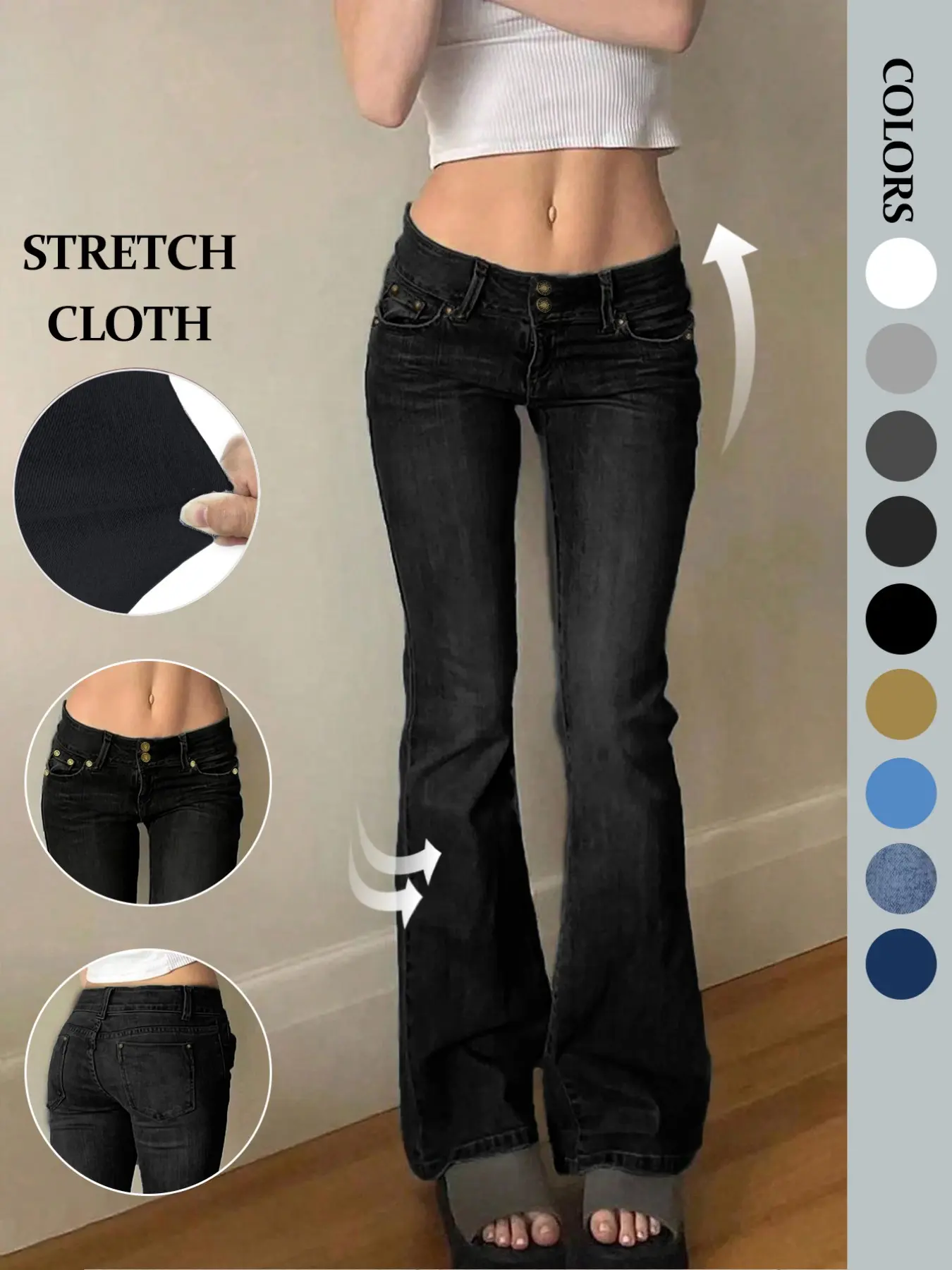 NVFelix Women Low Rise Flare Fashion Denim Jeans Y2K Baggy Bootcut Wide Leg Stretch Denim Basic Casual Pants for 2000s Streetwear