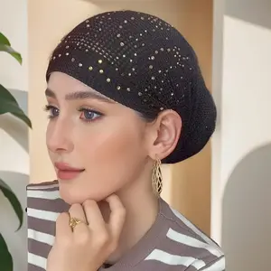 1piece of fashionable women's hair cap - solid-color knitted polyester fiber, with drawstring; a brimless cap featuring elastic, softness, breathability & lightweight; elastic hair cap for dressing