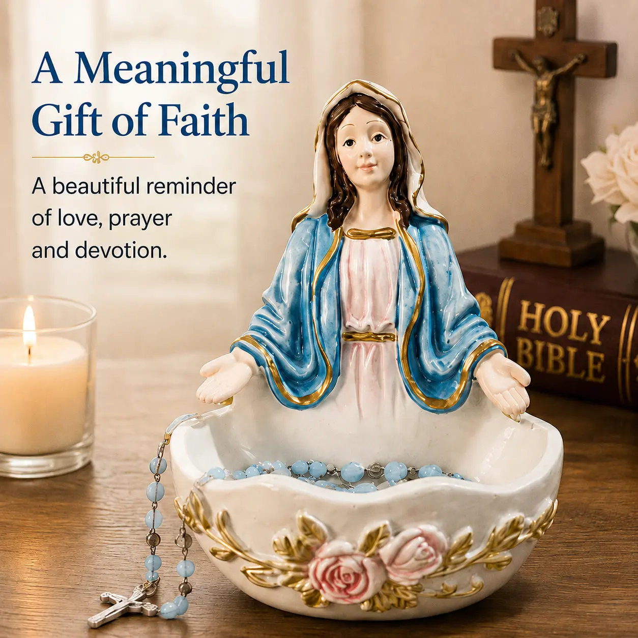 Catholic Virgin Mary Rosary Holder Statue - 1-Piece Religious Home Decor Figurine with Jewelry Dish, Blessed Mother Prayer Collectible, Meaningful Gift for Mom