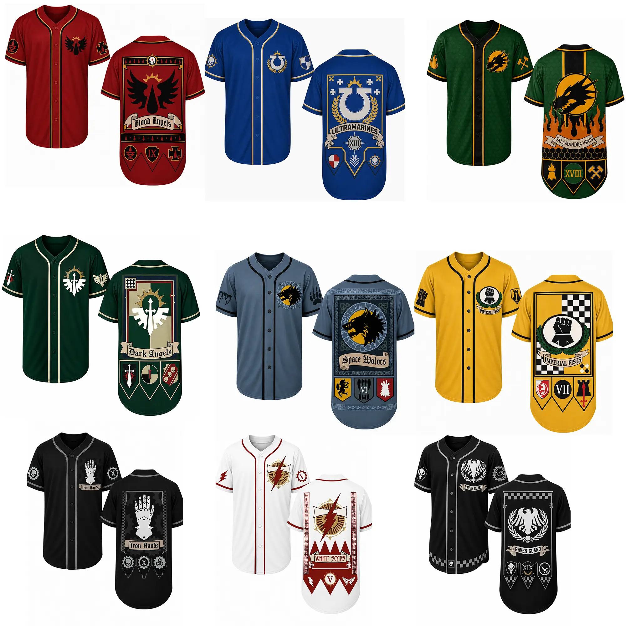 Warhammer 40K Loyalist Space Marine Chapter Baseball Jerseys - Choose Ultramarines, Blood Angels, Dark Angels, Space Wolves, Imperial Fists & More - Epic Grimdark Button-Down Shirts for Tabletop Gamers
