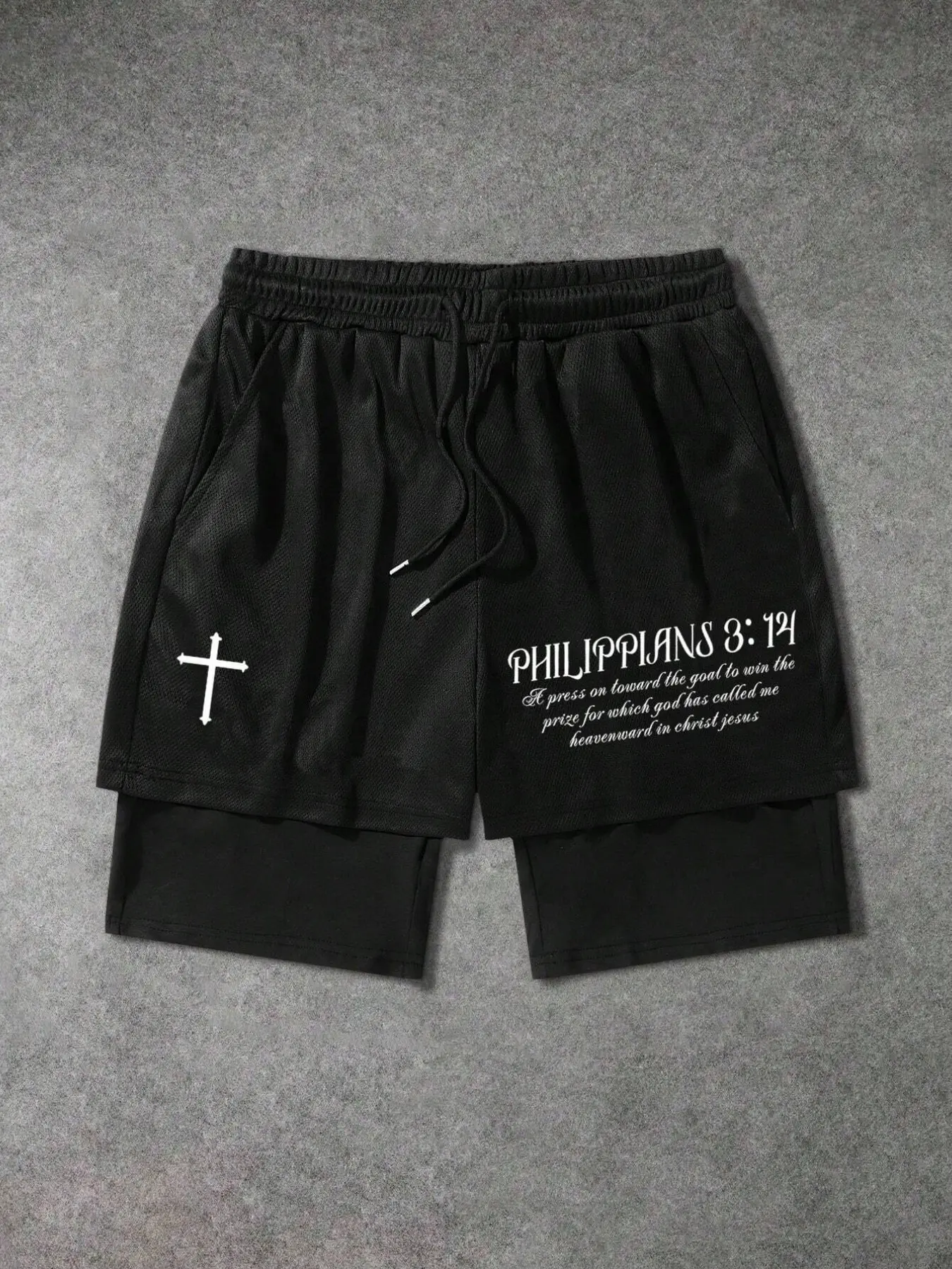 Unisex design featuring Bible verses and a cross-stitch print with a drawstring waist, Graphic print shorts, two-layer shorts with a religious style, double-layered design suitable for casual fitness activities, everyday gatherings
