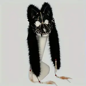 Viking Fox Mask with Faux Fur Headdress, Adult Halloween Fancy Costume Accessory, Perfect for Cosplay & Parties, Ideal Gift for Enthusiasts