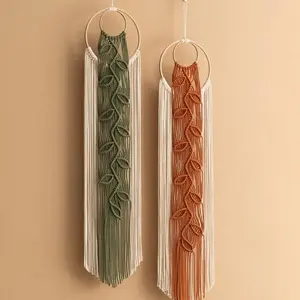 Macrame Wall Hanging in Bohemian Tapestry Style, Handcrafted Bamboo Circle with Fringe Leaf Design, Home Decor for Living Room & Bedroom, Boho
