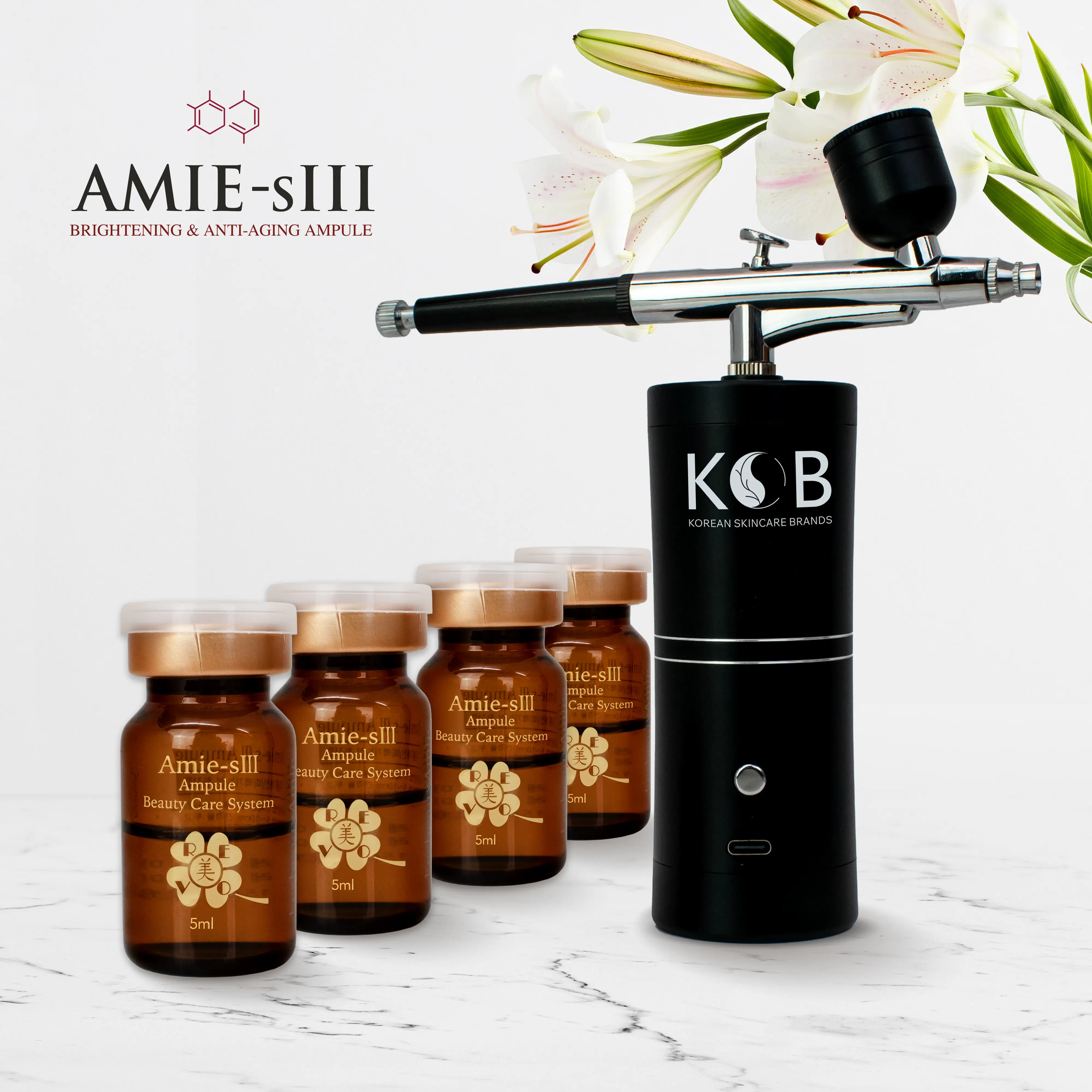 AMIE-sIII Korean Brightening & Anti-Wrinkle Ampoule Starter Kit | 4 Ampules + Airbrush Applicator | 1-Month Supply | Lifting + Radiance Serum