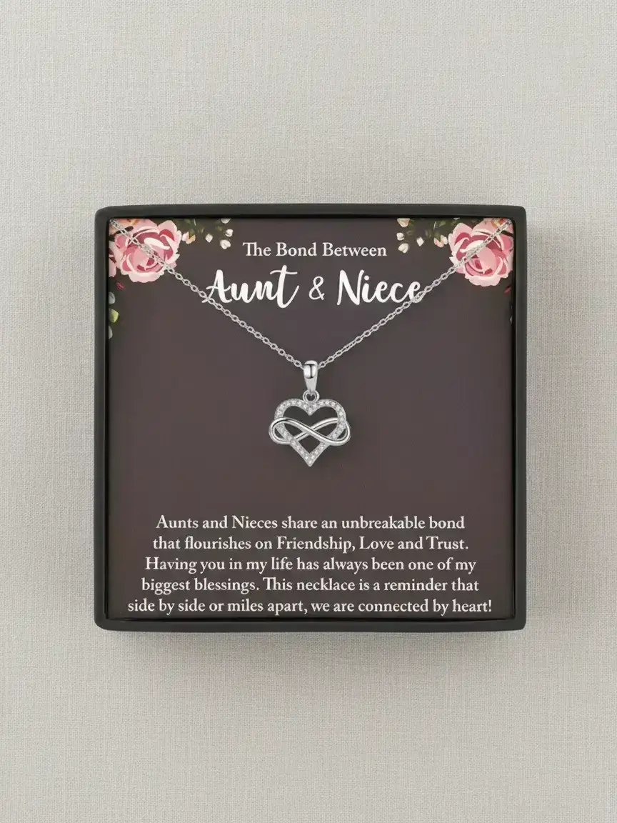 Infinity Heart Pendant Necklace Gift Box with Card, Love Heart Necklace, Auntie & Niece Jewelry, Birthday Present, Christmas Gift Idea, Hearts Pendant Necklace