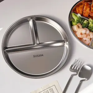 【4 Pack】304 Stainless Steel Plates, 4 Pack 304  Stainless Steel Divided Plates 304 Stainless Steel Plate Portion Control Plates, Plates With Dividers Metal Plates For Camping, Picnic, Home,9"X 9"
