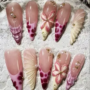 Elegant Y2K Handmade Press Ons French Manicure, 3D Flower Wave Nail Art, Shell Pearl Decoration, High Heel Press-On Nails for Girls and Ladies