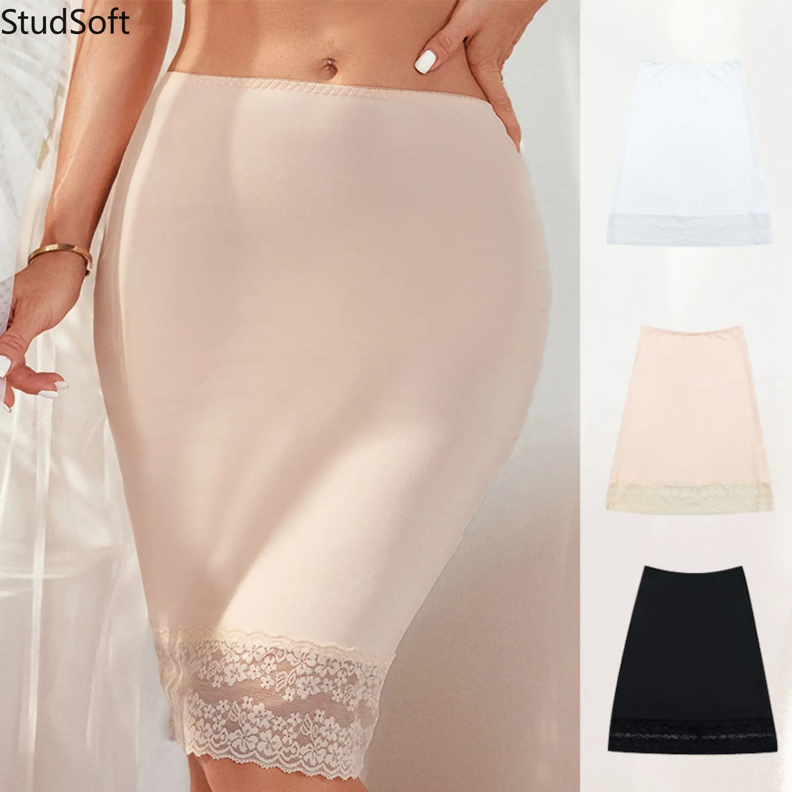 Women's Basic Summer Anti-See-Through Lace-Paneled Knee-Length Half-Slip Underskirt with Plus Size Safety Shorts Liner, for Sport & Outdoor Activities, Clothe, Athletic Skort, Active Skort Skirt, Women's Clothes, Safety Liner