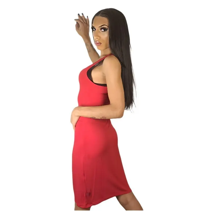 SEXY TANK BEACH RED DRESS FOR MEN AND CROSSDRESSERS KNEE LENGTH - Soft Breathable Stretch Fabric Scoop Neck Sleeveless Bodycon Fit Casual Women's Wear