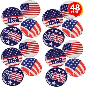 Patriotic USA Button Pins, Bulk Pack of 48, July 4th Party Favors, Red, White, and Blue Patriotic Accessories, American Flag Lapel Pins for Kids and Adults, 4 Different Designs