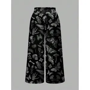 Goth Plus Size Women Mysterious Witch Gothic Palace Dark Skull Moth Plant Floral Butterfly Mushroom Leaf Allover Print Loose Wide Leg Pants Suitable For Going Out,Fall Clothes For Women