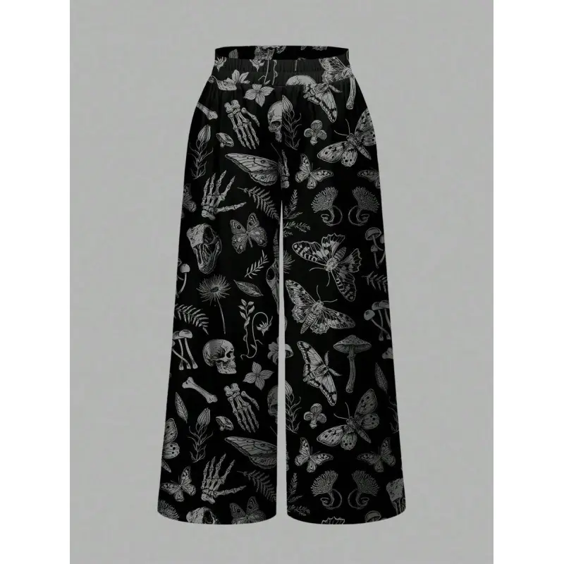 Goth Plus Size Women Mysterious Witch Gothic Palace Dark Skull Moth Plant Floral Butterfly Mushroom Leaf Allover Print Loose Wide Leg Pants Suitable For Going Out,Fall Clothes For Women