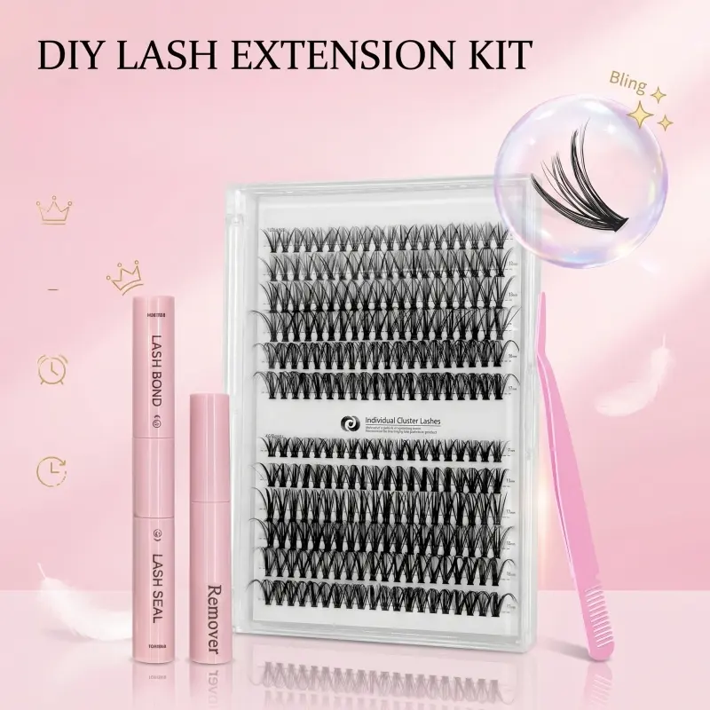 Mixed Length Individual False Eyelashes Extension Kit, DIY Lash Clusters, 1 Set Natural Curling Eyelash Glue & Tweezers & Eyelash Brush, Eye Makeup Enhancement Tool for Women, Cosmetic