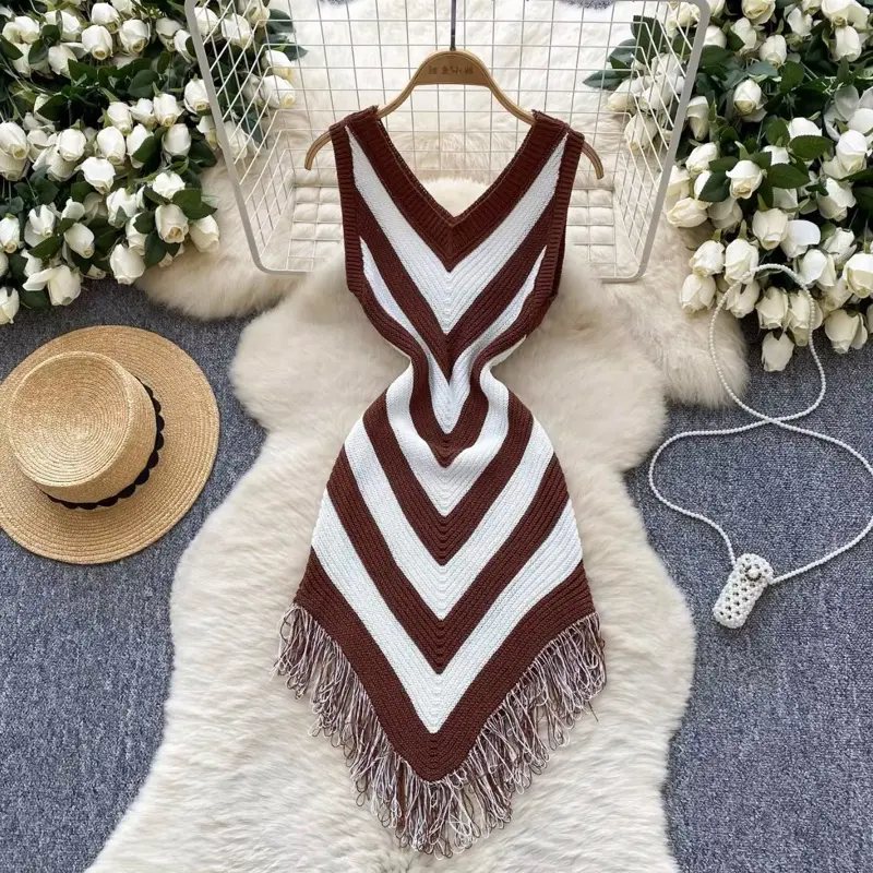 Chevron Pattern Dress with Fringe Detailing and V-Neck Design for Women Elegant Chic