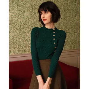 rihoas Women's Retro Solid Green Ribbed Knitwear Long-Sleeves Turtleneck Top - Polyester Hip-Length Casual Tee,summervibes