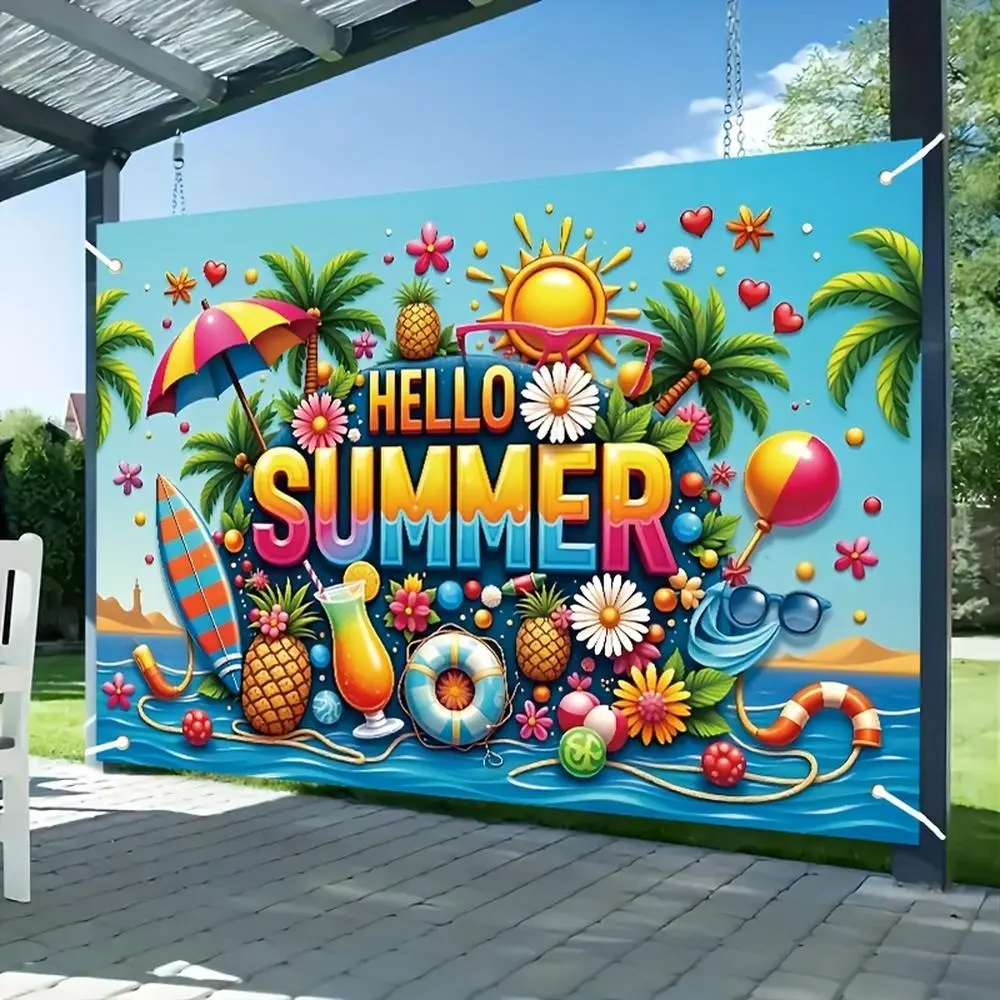 1pc Polyester 2D Flat Tropical Print Decorative Backdrop Banner, 150cm x 100cm Summer Beach Scene Flag with Palm Trees,Sun,Colorful Balls - Party-Ready for Birthday,Outdoor Home Festive Decorations