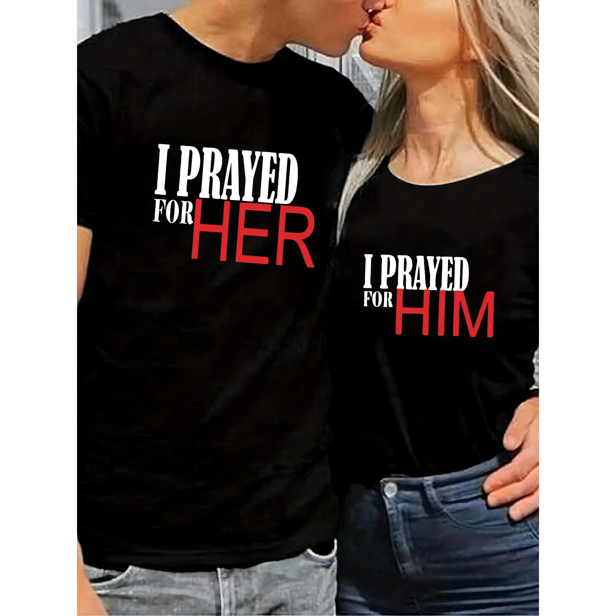 1pc Matching Couples Cotton T-Shirt Christmas I Pray for Him I Pray for Her Religious Couples Gifts His Hers Black Tees with Red White Text | Machine Washable | Christmas Date Nights, Christmas Presents, Religious Gift Ideas, Couples Apparel, Holiday